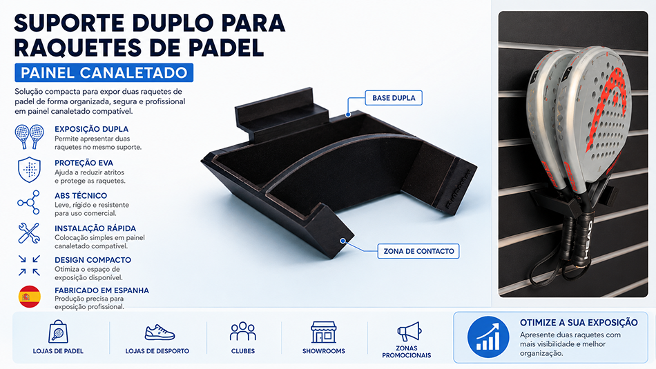 Suporte duplo para raquetes de padel em ABS com proteção EVA instalado em painel canaletado